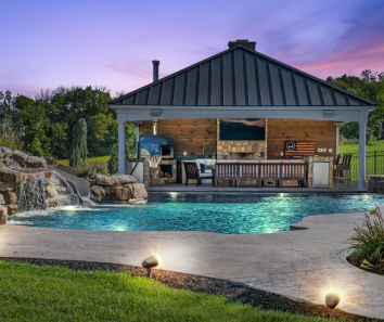 custom waterfall swimming pool with custom pool house in phoenixville, pa by homestead structures