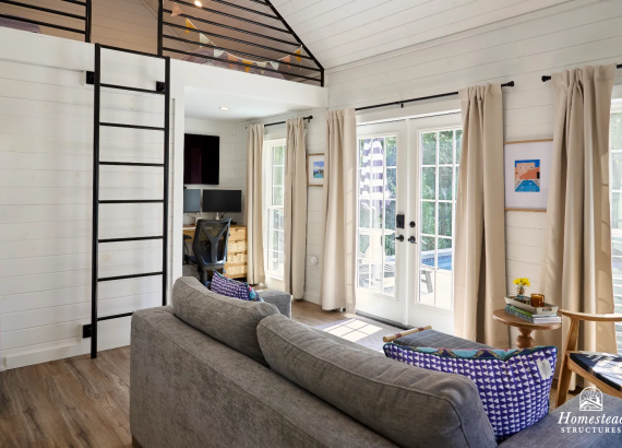 pool house with tongue and groove walls and ceiling, study area, and french doors