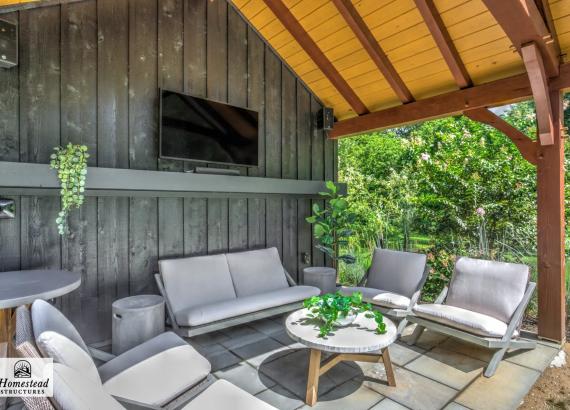 Privacy wall on a 15' x 10' Timberframe Belmar Pavilion in Gladwyne, PA