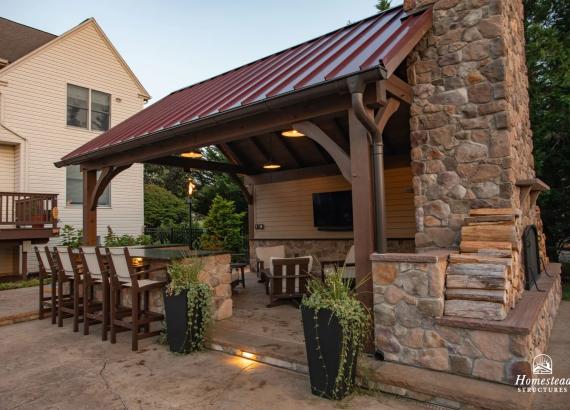 16' x 20' Custom Timber Frame Pavilion with Double Sided Fireplace & Lean-To Shed in Orefield PA