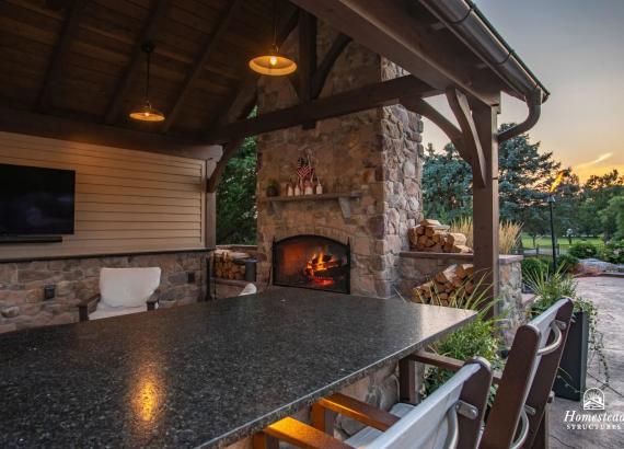 Photo of Countertop in 16' x 20' Custom Timber Frame Pavilion with Double Sided Fireplace & Lean-To Shed in Orefield PA