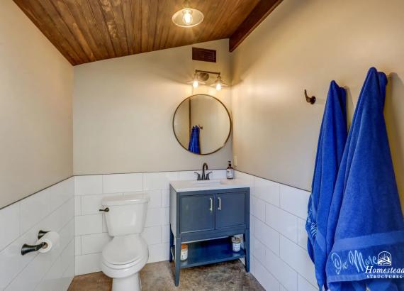 Photo of Bathroom in 16' x 20' Custom Timber Frame Pavilion with Double Sided Fireplace & Lean-To Shed in Orefield PA