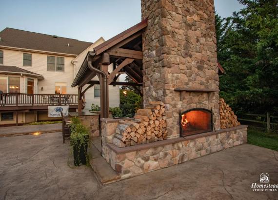 16' x 20' Custom Timber Frame Pavilion with Double Sided Fireplace & Lean-To Shed in Orefield PA