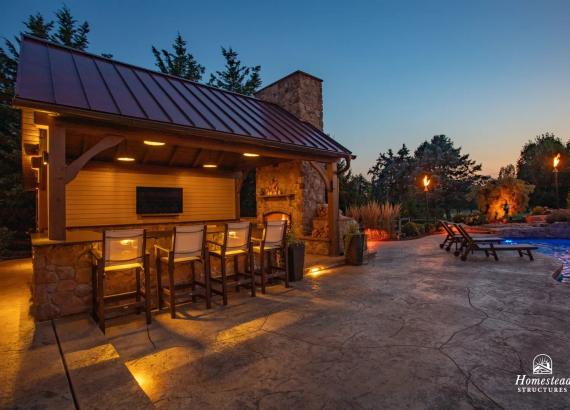 16' x 20' Custom Timber Frame Pavilion with Double Sided Fireplace & Lean-To Shed in Orefield PA