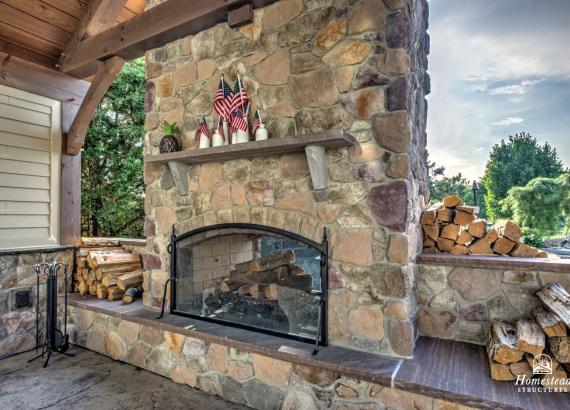 16' x 20' Custom Timber Frame Pavilion with Double Sided Fireplace & Lean-To Shed in Orefield PA