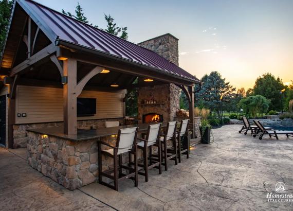 16' x 20' Custom Timber Frame Pavilion with Double Sided Fireplace & Lean-To Shed in Orefield PA