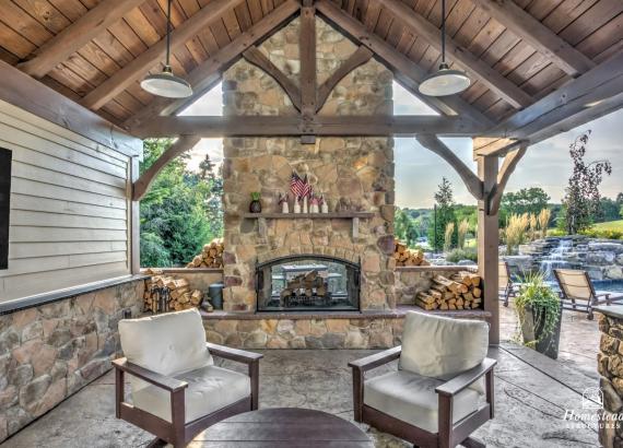 16' x 20' Custom Timber Frame Pavilion with Double Sided Fireplace & Lean-To Shed in Orefield PA