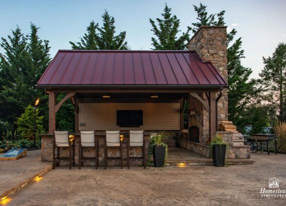 16' x 20' Custom Timber Frame Pavilion with Double Sided Fireplace & Lean-To Shed in Orefield PA