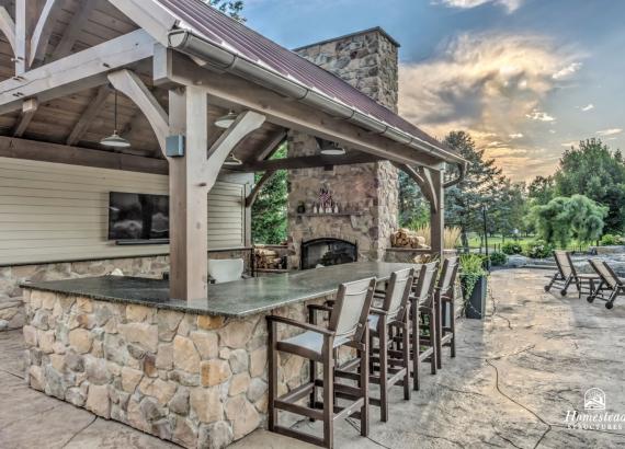 16' x 20' Custom Timber Frame Pavilion with Double Sided Fireplace & Lean-To Shed in Orefield PA