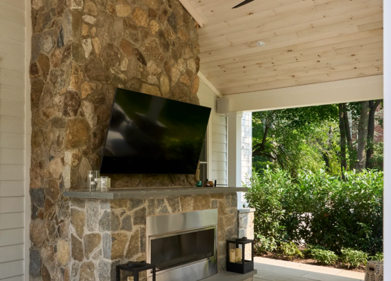 Custom entertainment space underneath a pavilion in Franklin Lakes, NJ