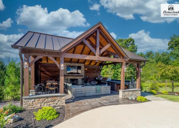 Exterior Photo of 20' x 25' Timber Frame Pavilion with Fireplace & Outdoor Kitchen in Pennsburg PA