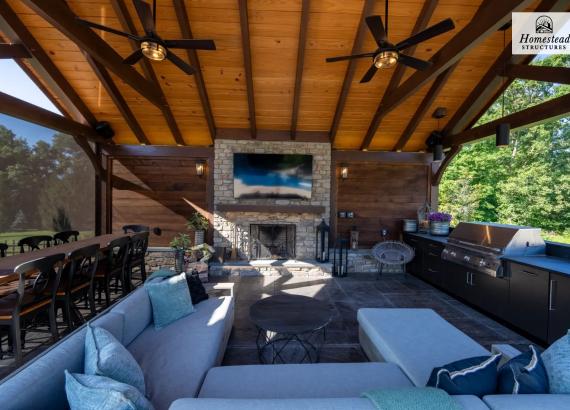 Interior Photo of a 20' x 25' Timber Frame Pavilion with Fireplace & Outdoor Kitchen in Pennsburg PA