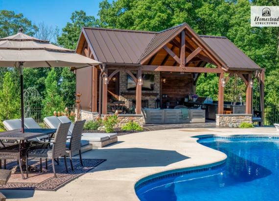 Exterior Photo of a 20' x 25' Timber Frame Pavilion with Fireplace & Outdoor Kitchen in Pennsburg PA