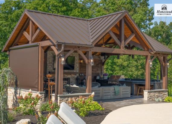 Exterior Photo of a 20' x 25' Timber Frame Pavilion with Fireplace & Outdoor Kitchen in Pennsburg PA