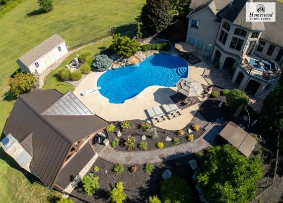 Birds Eye View Photo of a 20' x 25' Timber Frame Pavilion with Fireplace & Outdoor Kitchen in Pennsburg PA