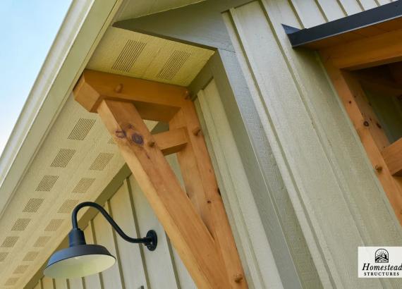 Close up photo of Timber Frame Gables & Porch Light on 25' x 24' Classic A-Frame Truss Garage in Chadds Ford PA