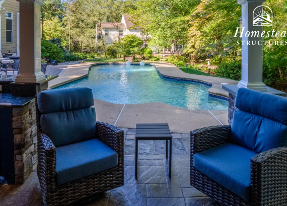 Relaxing Outdoor Seating with Pool View Under a Custom Pool House