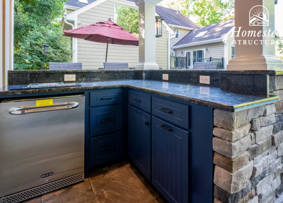 Custom Pool House Bar Area with Cabinets and Refrigerator