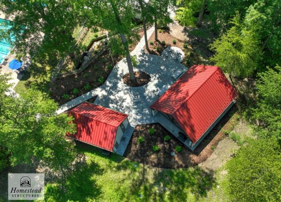 Aerial photo of the Grove at Swarthmore Swim Club with Timber Frame Pavilion & Snack Shack